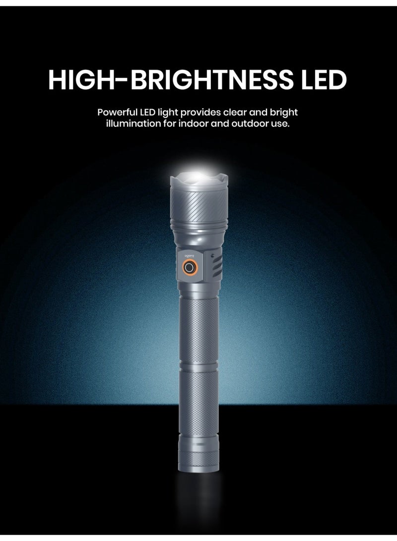 أوجيرا كشاف LED قابل لإعادة الشحن | كشاف تكتيكي فائق السطوع | سطوع عالي | بطارية 2SC قابلة لإعادة الشحن طويلة العمر | صغير ومتين | مقاوم للماء | مثالي للتخييم والمشي وحالات الطوارئ | ضمان سنتين | OG1007SL | فضي - Image 2